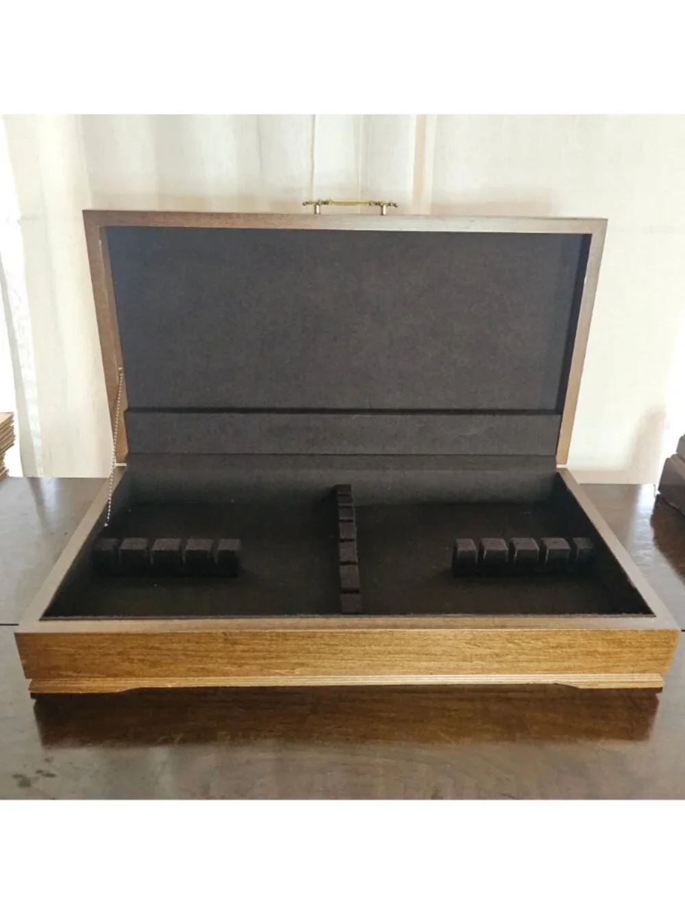 Wood Flatware Silverware Chest 23" brown fabric lined box vtg 90s holder keeper - Picture 3 of 9